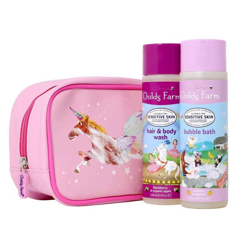 Childs Farm Children Unicorn Wash Bag - Hair & Body Wash 250ml + Bubble Bath 250ml